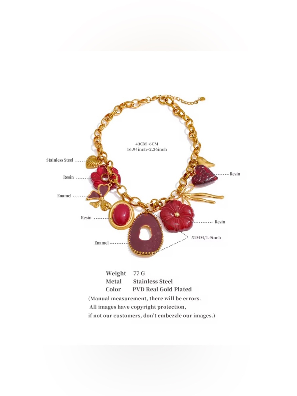 Burgundy Charm Statement Necklace | Gold Plated Chunky Chain | Necklace - Picture 7 of 7
